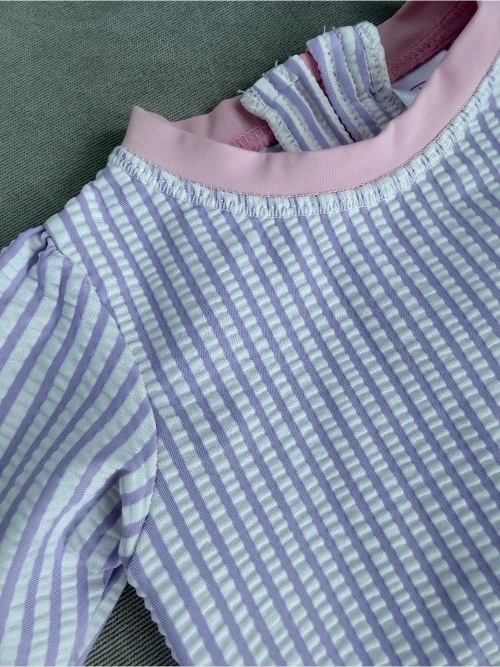 Ruffle Butts Lavender Seersucker Long-Sleeve One-Piece Swimsuit 3-6 EUC